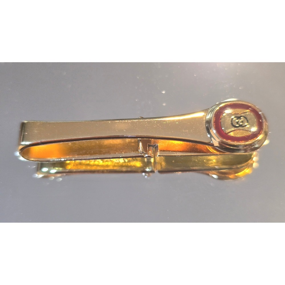 Vintage Gucci Gold Tone Red Enamel Interlocking GG Tie Bar Clip Made in Italy